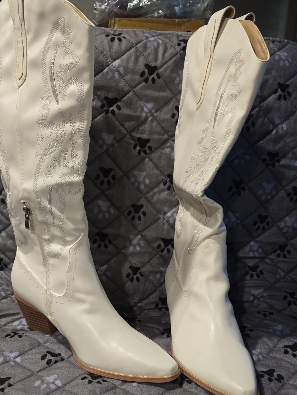 Women’s Cream Western Knee-High Boots with Embroidered Detail